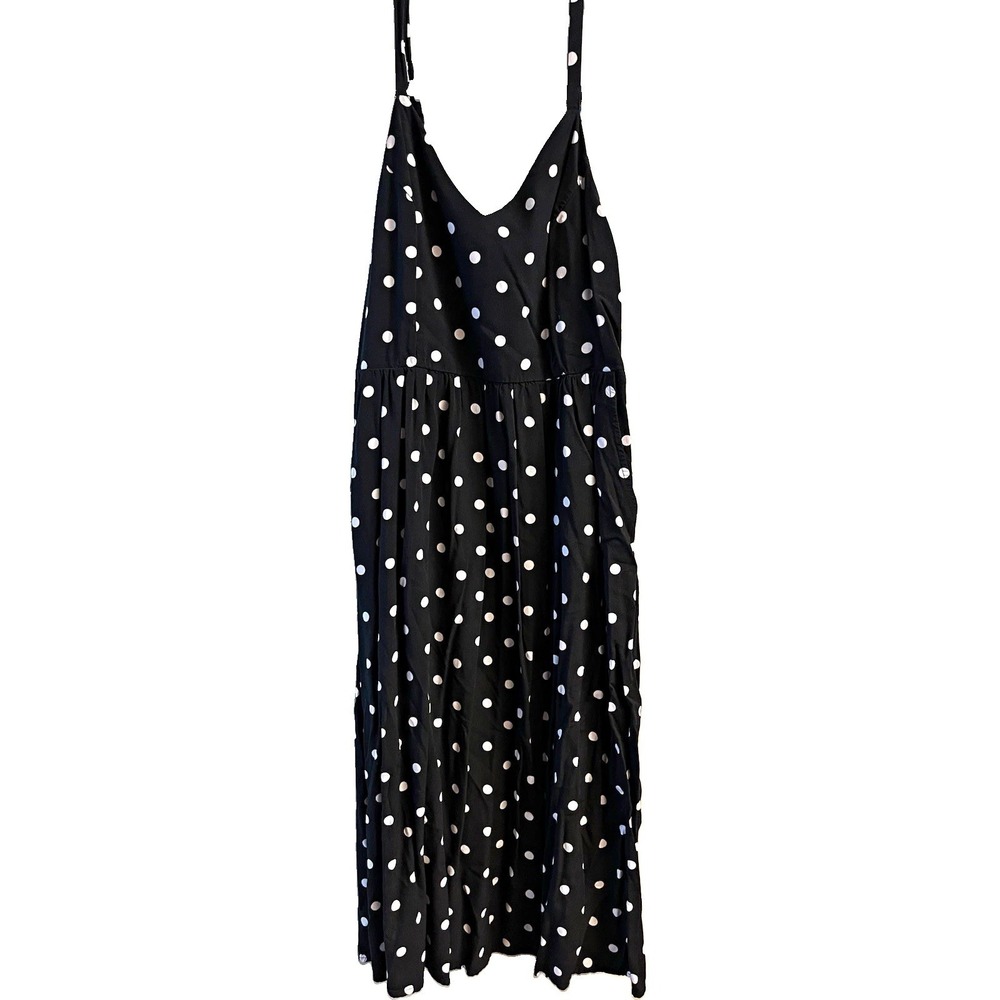 Old Navy Women's M Black/White Polka Dot Woven Polyester Smocked V-Neck Midi